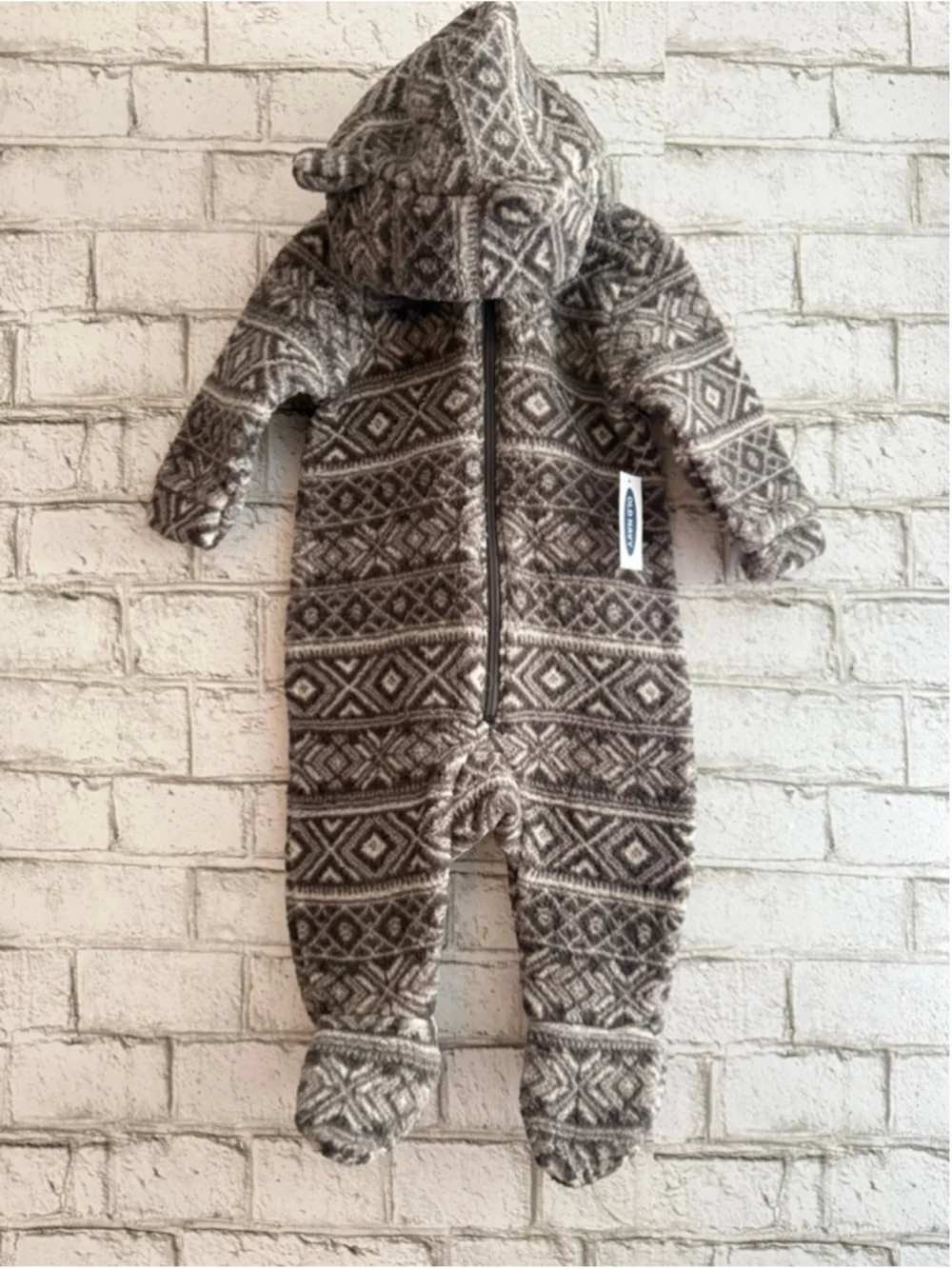 NWT Old Navy Baby Hooded Critter Footed One-Piece Bear-Isle fair isle pattern